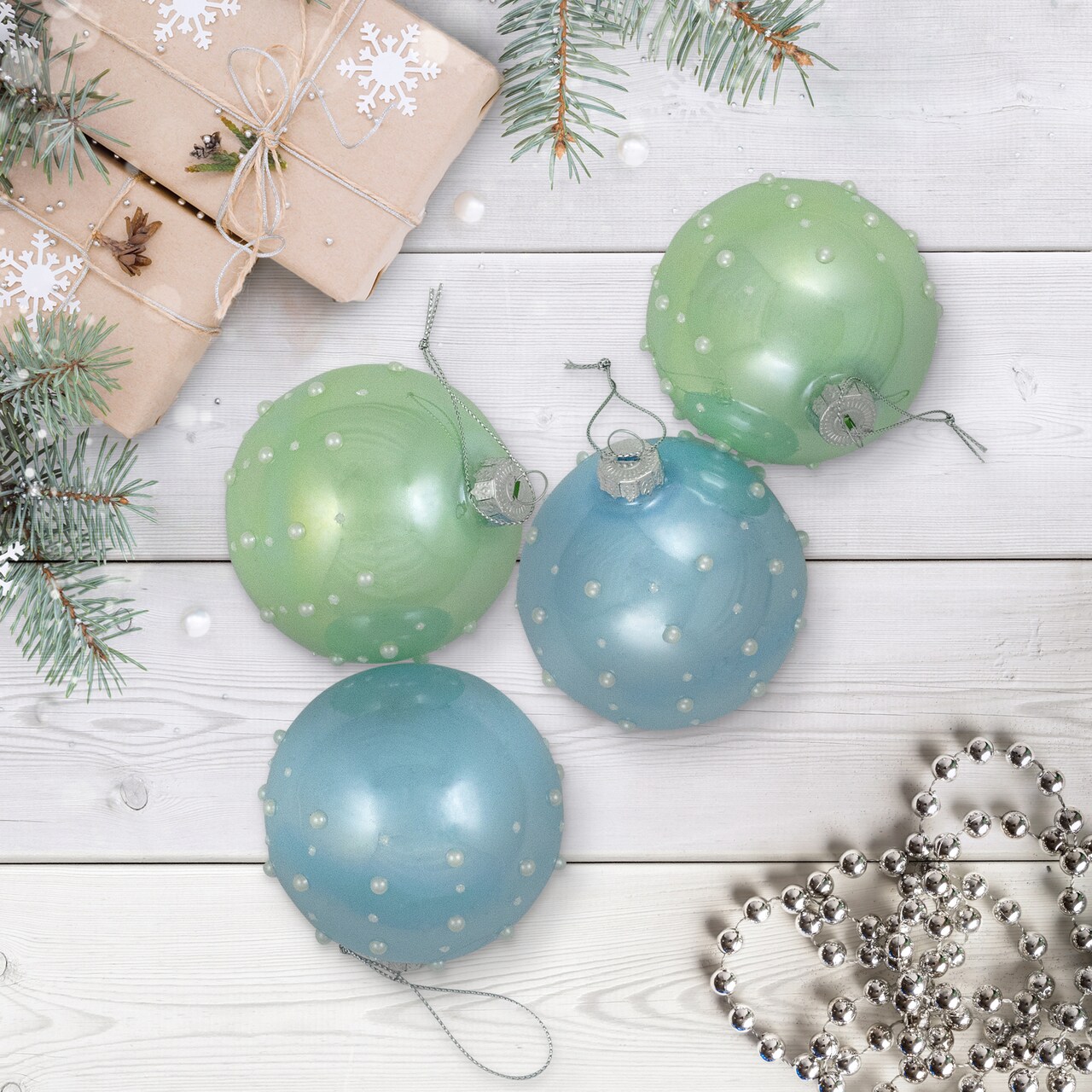 Northlight Shiny Glass Ball Christmas Ornaments with Pearl Drops - 3" (80mm) - Blue and Green - 4ct